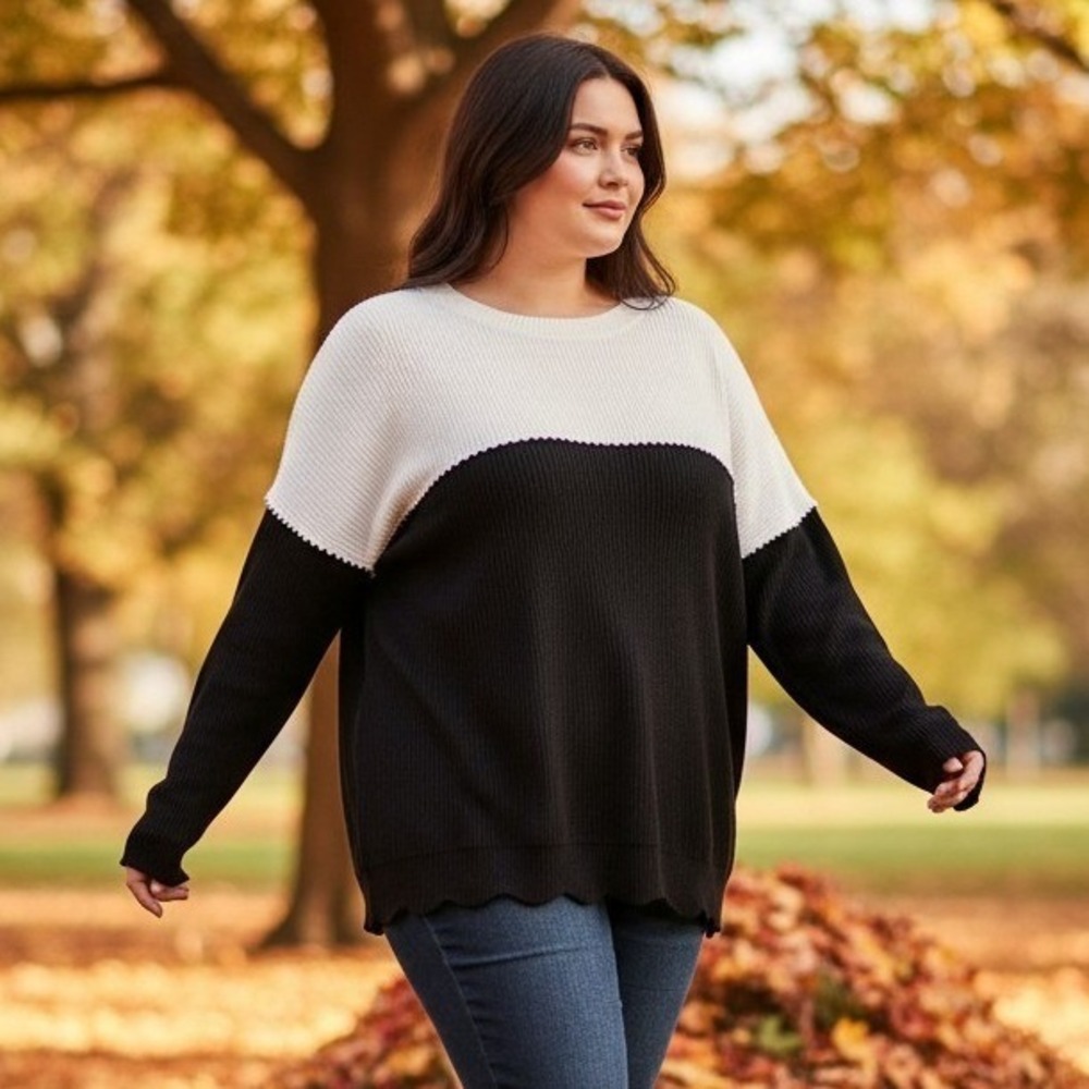 Dokotoo Womens XL Colorblock Ribbed Knit Sweater Black White Scallop Trim New